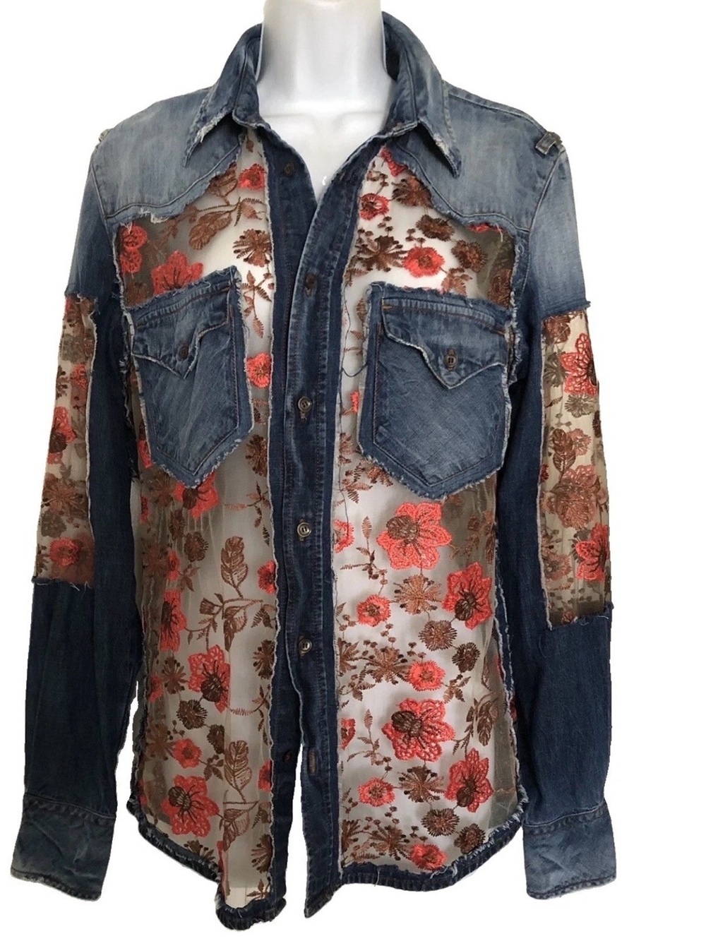 Met in Jeans Floral Lace Denim Shirt Button Front Sheer Mesh Boho Women’s L